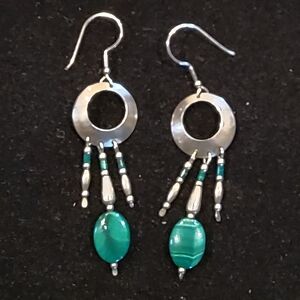 Sterling Silver And Malachite Dangle Earrings.